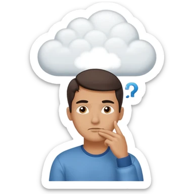 Casually dressed man with one hand on his chin, eyebrows slightly furrowed. A thinking cloud floats above his head containing a critical-thinking symbol (like a question mark, magnifying glass, or logic icon). Realistic emoji aesthetic, clean-shaven, soft neutral background sticker