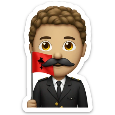 a guy with mustache holding a albanian flag sticker