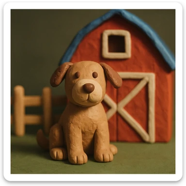 barn dog sitting in front of a red barn, visible fingerprints, matte plasticine look, claymation style sticker