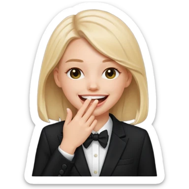 a white girl in a formal suit laughs, covers his mouth with his hand sticker