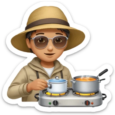 A camper boiling water on a portable stove, enjoying the outdoor breeze.
 sticker