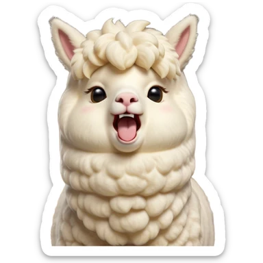 Cinematic Cute Yawning Cream Alpaca Portrait Emoji, Head tilted slightly with a dramatic, wide-open yawn, showcasing a soft, fluffy cream fleece with subtly drooping ears, round gentle eyes barely open in drowsy contentment, Simplified yet irresistibly adorable features, highly detailed, glowing with a soft, cozy glow, high shine, relaxed yet expressive, stylized with a touch of whimsy, bright and endearing, soft glowing outline, capturing the essence of a sleepy yet affectionate alpaca, so drowsy it feels like it could stretch out of the screen and curl up for a nap! sticker