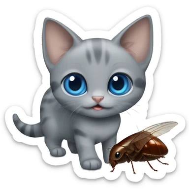 blue eyes grey kitten and cockroach friends sticker
