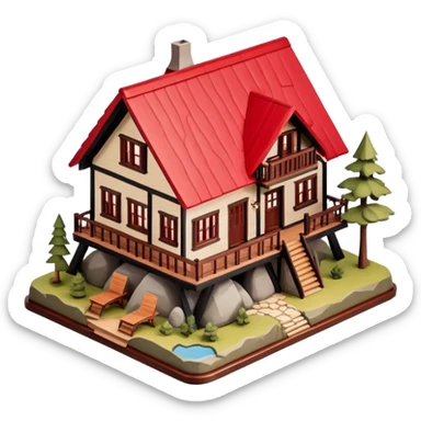 National Parks lodge, isometric dollhouse-style, realistic sticker