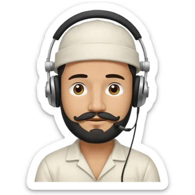 Half body man wearing white topi, lapray, black beard and moustache, headphones, eyes closed, realistic emoji style. sticker