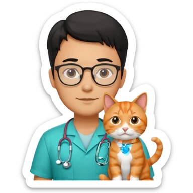 Veterinario hombre trigueño con lentes, con cabello negro, y con uniforme veterinario color verde turquesa y estetoscopio  cargando un gato naranja sticker