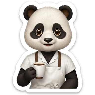 barista panda, wearing apron, holding coffee sticker