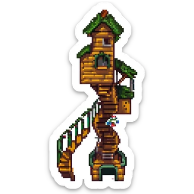 treehouse with spiral staircase, fantasy atmosphere, pixel art style sticker