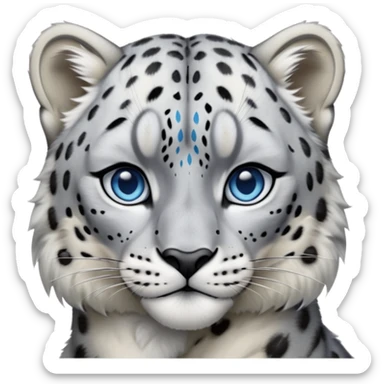 Cinematic-Noble-Snow-Leopard-Portrait-Emoji – Poised and majestic, with a muscular, agile build and a beautifully patterned coat of soft white and grey fur, marked with striking, deep-set, intelligent icy blue eyes, simplified yet sharp and sophisticated zoomed out showing the shoulders sticker