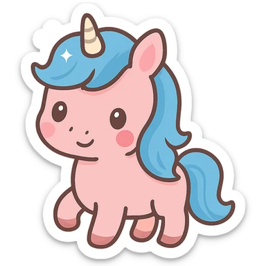 kawaii pink unicorn with blue hair, small shiny horn sticker