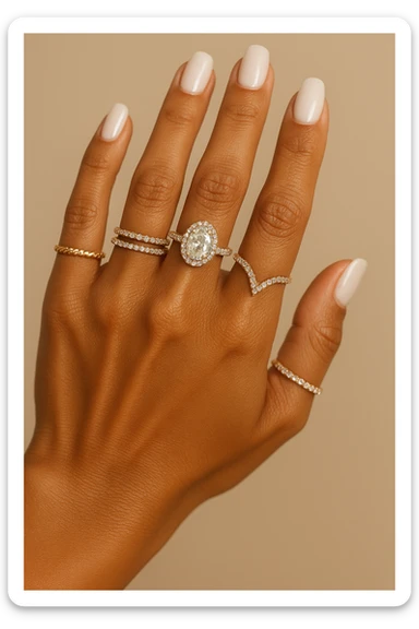 a beautiful tanned woman's hand with multiple rings, stylish, close-up, sparkling jewelry sticker