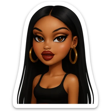 pretty Bratz baddie with black straight hair, brown skin, pretty makeup, dark brown eyes, gold hoop earrings sticker