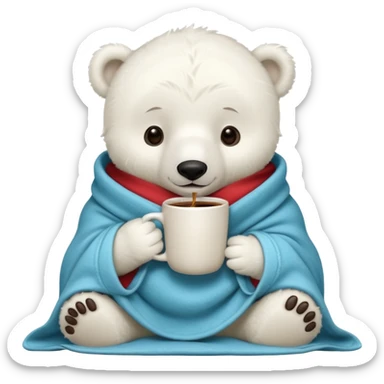 baby white polar in cozy blanket, drink coffee sticker