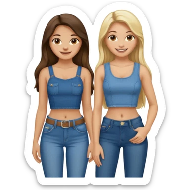 a long hair brunette girl and a blonde girl in jeans and crop tops smiling friends sticker