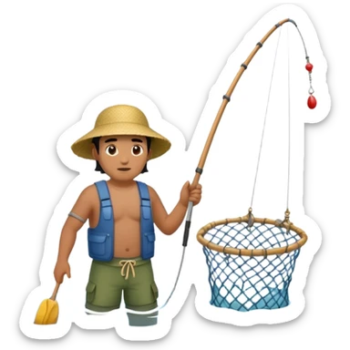 A Polynesian fisherman standing in the water fishing with a large net sticker