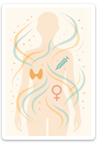 Il corpo è circondato da simboli delicati e bilanciati che rappresentano equilibrio ormonale e metabolico: piccoli cerchi, flussi energetici colorati, simboli stilizzati di tiroide, insulina, estrogeni.  sticker