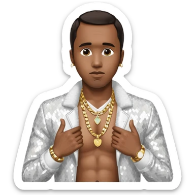 P. Diddy with dark brown hair, white sequin jacket, shirtless with necklace sticker