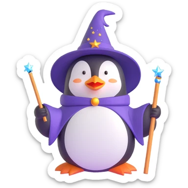 whimsical penguin wizard casting a spell with sparkles sticker