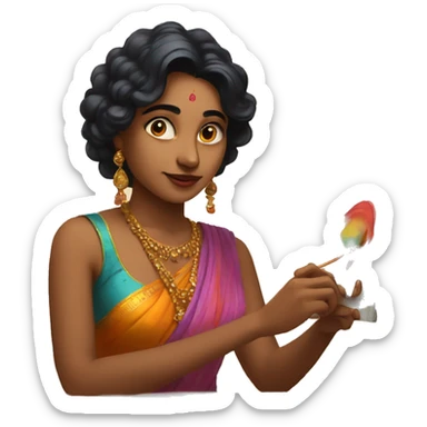 indian artist painting something colorful on the canvas sticker