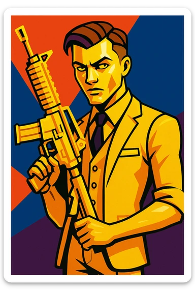 Fortnite skin Midas with gold suit, slicked-back hair, holding a golden weapon, vibrant toon style sticker