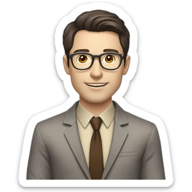 Pale skinned fit man with dark brown hair in gray jacket, beige office shirt, brown tie, brown pants and vintage glasses Writing on the flipchart sticker