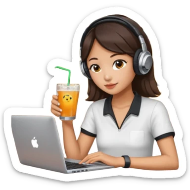 A Korean girl at a dive bar with a laptop and headphones on holding a drink  sticker