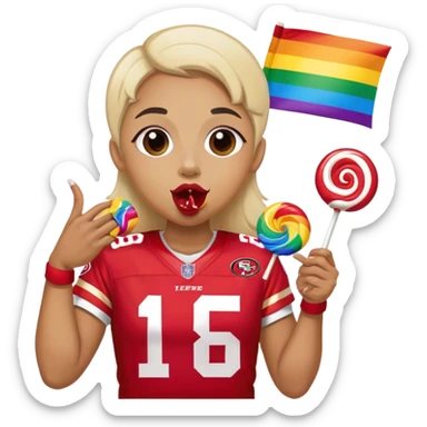Gay pride 49ers fan licking rainbow lollipop and holding rainbow flag sticker