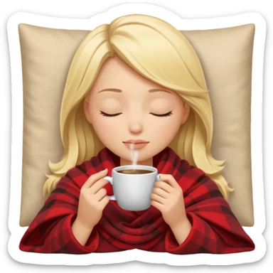 Blonde girl inside a blanket sipping coffee eyes closed sticker