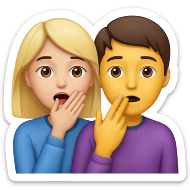 Emoji of two people, one whispering into the other’s ear with a hand covering their mouth. Surprised reaction. Simple emoji style, flat design, bright colors, thick outlines. sticker