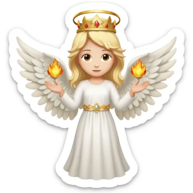 Full-body emoji-style angel: blonde hair, golden flame crown, halo, large wings, white dress, full body visible from head to feet, cute smooth emoji look. sticker
