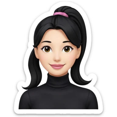 a woman with long sleeve turtle neck top and smile, her hair is long black pony tail, her eyes color are black and the color of her lip is soft pink sticker