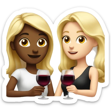 Two beautiful blondes drinking red wine with black guy sticker