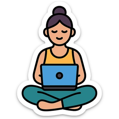 yoga teacher sitting cross-legged with a laptop, colored icon with black outlines sticker
