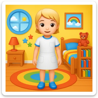 Add a colorful bedroom background with bright walls, playful decorations, and a cozy rug. Keep the room tidy and inviting in emoji style sticker