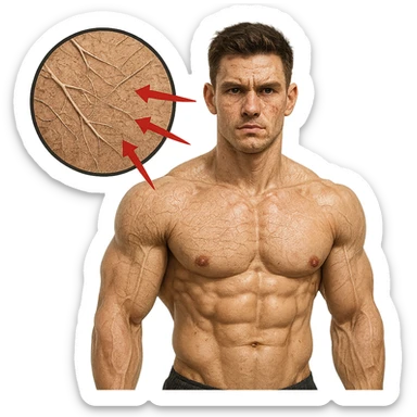 25-year-old bodybuilder, low collagen, hyper realistic style, defined muscles, skin with zoom effect on sparse collagen fibers, red arrows, clinical atmosphere, white background sticker