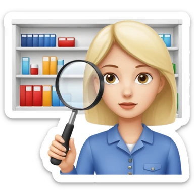 emoji of white empty shelf in perspective view with a woman nearby, she is looking at the shelfs with a magnifying glass sticker
