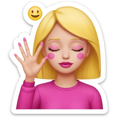 Yellow circle emoji sighing and drumming fingers up the side of their head the eye is closed it is a side profile pink lipstick and pink nails sticker
