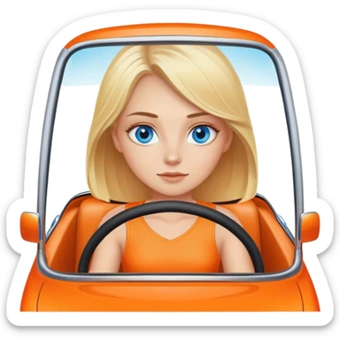 A cinematic realistic blonde with blue eyes is driving an orange car sticker