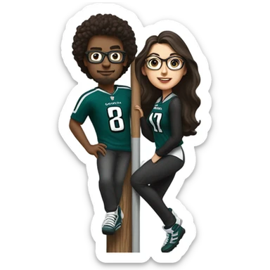 Dark brown hair female with glasses and white male with light brown hair who are both eagles fan climbing up a pole sticker