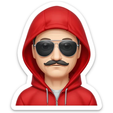 50-year-old man with a thin mustache, black aviator sunglasses, wearing a red hoodie with hood up sticker