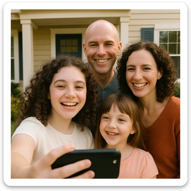 A group selfie of a family of four in front of a house: dad is bald with medium light skin, mom and older daughter have curly hair and pale skin, younger daughter has straight hair and medium light skin. The older daughter holds the phone, sisters look amused, parents smile. sticker