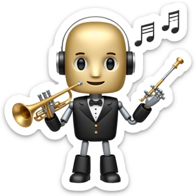 robot a sophisticated and elegant emoji that represents orchestration and arrangement. The design should feature a conductor’s baton, musical notes, and a symphonic score, symbolizing the process of arranging and orchestrating music. Incorporate instruments like a violin, trumpet, sticker