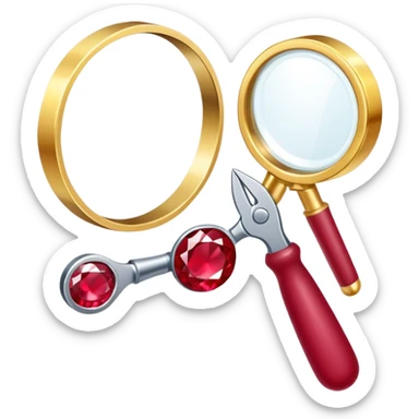 Jewelry art icon. A ring with a golden ruby through magnifying glass and pliers. Minimalistic style, clean lines, transparent background. sticker