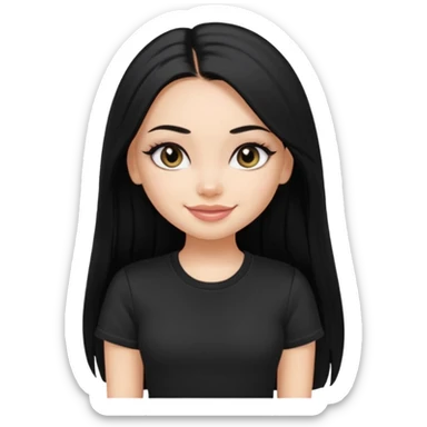 a pretty bratz fair girl with straight long black hair, wearing a black tshirt, smiling, eyeliner on sticker