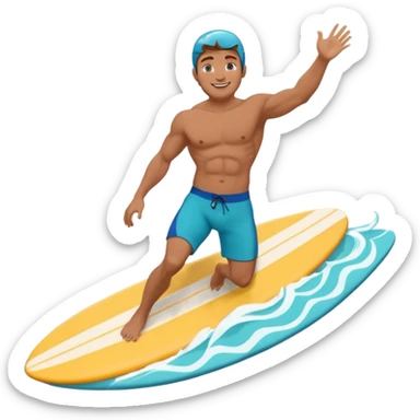 human male surfer riding a turquoise wave, muscular torso, shorts, big smile, bright sun, centered emoji, summer palette sticker