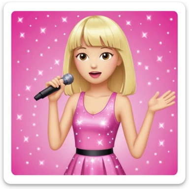 Pretty and thin tall Blonde pop star with bangs singing onstage, wearing a sparkly pink outfit   sticker