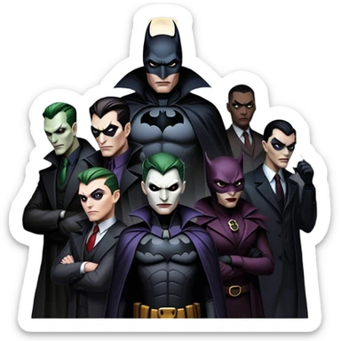 Icon for Thriller Movies: A large, dramatic collage featuring sinister villains in dark clothing. The background shows the gloomy cityscape of Gotham, with dim lighting and eerie shadows. The atmosphere should be tense, mysterious, and suspenseful. Transparent background. sticker