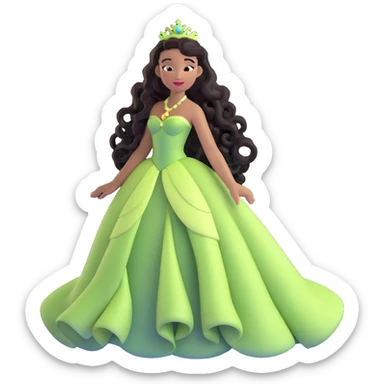 Disney Princess Tiana with extremely long black curly hair flowing down, 2c-3b curl pattern sticker