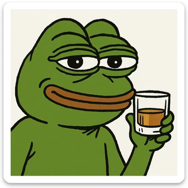 Pepe the Frog holding up a whiskey glass, pepe meme style sticker
