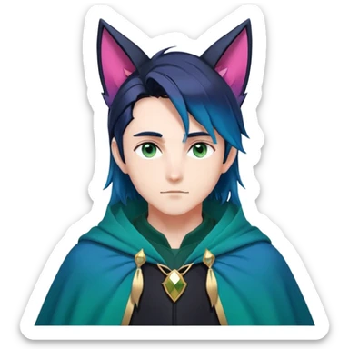 anime man with straight long dark-blue-black-gradient hair, long black fox ears with pink Scapha, hazel-gradient-brown-turquoise eyes, gold earring, dark-blue-sweater, green cape,  sticker